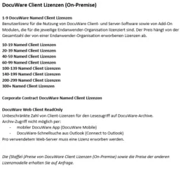 Auszug aus der DocuWare Preisliste für DocuWare Client Lizenzen