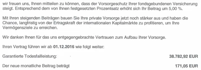 Auszug aus einer Skandia Wertstandsmitteilung mit Fokus auf Todesfallschutz