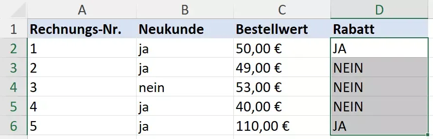 Automatisches Ausfüllen der Rabattspalte in Excel mit der WENN-UND-Funktion für alle Bestellungen