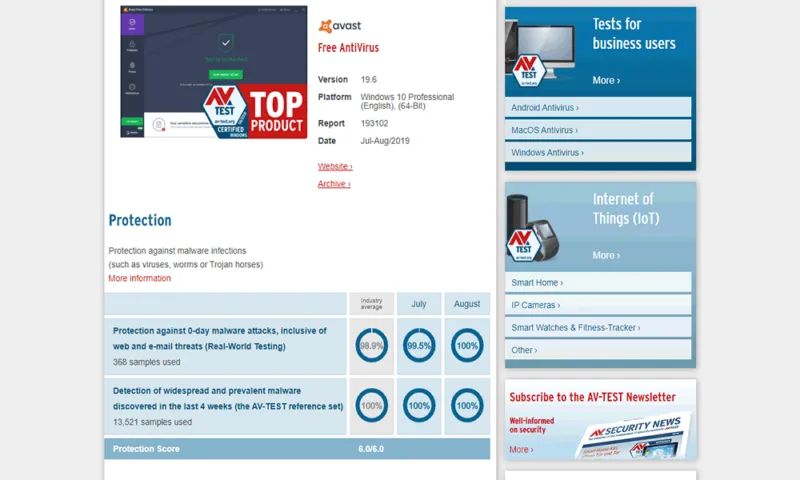 Avast AV-Test Ergebnisse August 2019