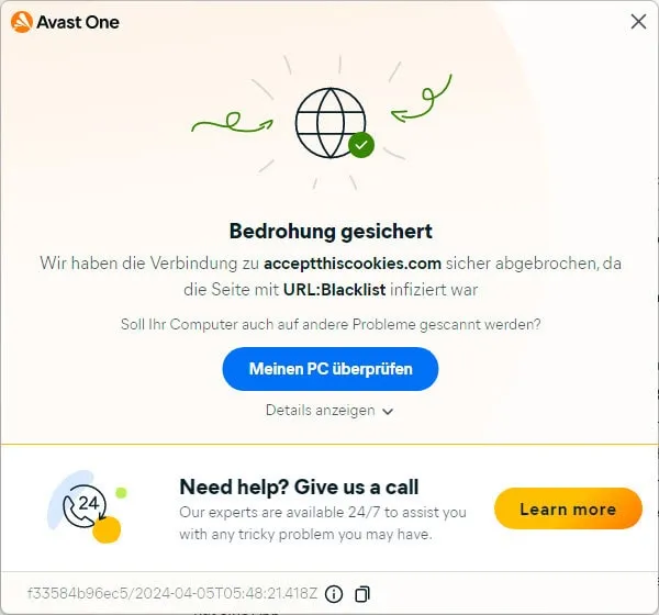 Avast One Individual zeigte im Test hartnäckige Warnungen vor einer Browsererweiterung.
