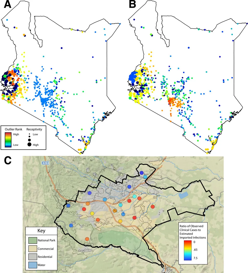 Average monthly travel between regions (nodes), with edges weighted by volume of traffic. For clarity, the top 50% of routes are shown with arrows indicating the direction of movement (humans or parasites) from a primary settlement to a visited settlement.