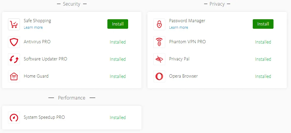 Avira Dashboard Empfehlungen für zusätzliche Programme
