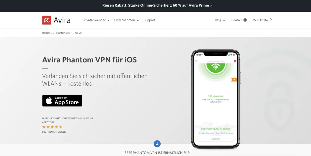 Avira Phantom VPN Logo und iPhone mit geschützter Verbindung