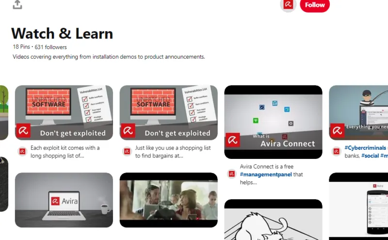 Avira Pinterest-Seite für alternativen Support