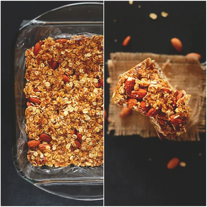 Backform und Stapel einfacher, gesunder Granola-Riegel ohne Backen