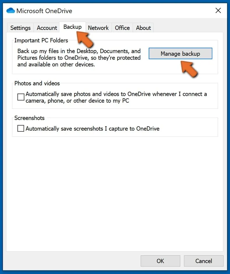 Backup-Tab auswählen und auf Backup verwalten klicken