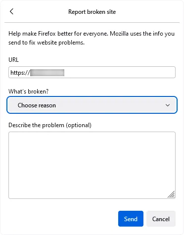 Bedienfeld "Defekte Website melden"