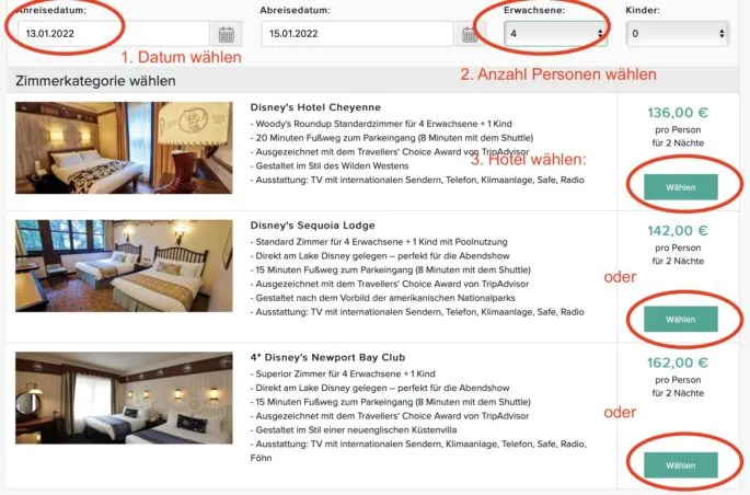 Beispiel einer Buchungsmaske für ein Disneyland Paris Angebot, um günstige Reisepakete zu finden