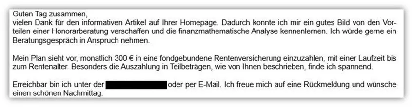 Beispiel einer Kundenanfrage: Auszahlungsplan für Rentenversicherung