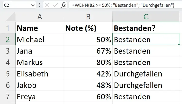 Beispiel für die Sortierung von Datenpunkten mit WENN-DANN Excel, um Prüfungsleistungen zu kategorisieren