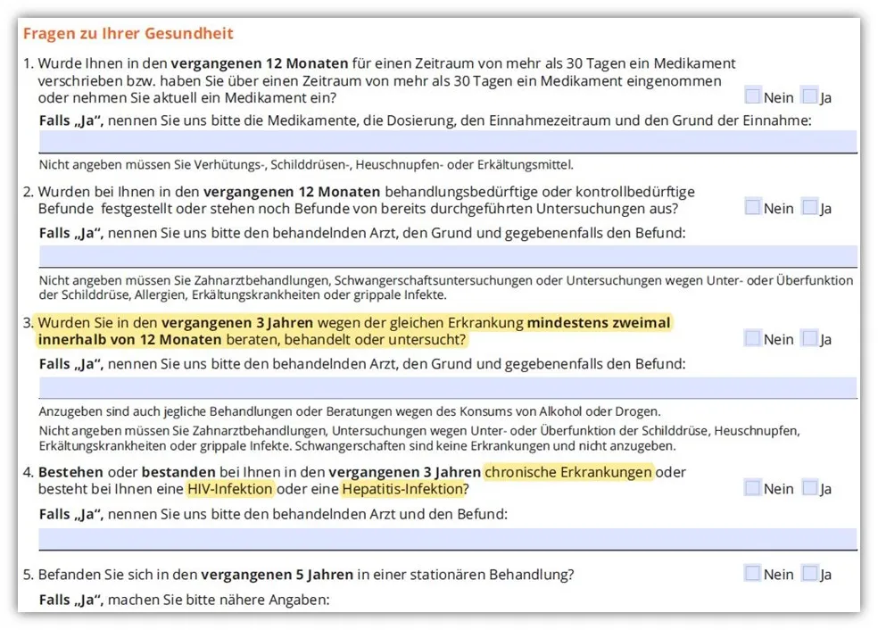 Beispiel für klare Gesundheitsfragen der Dortmunder Risikolebensversicherung im Vergleich zu ERGO.