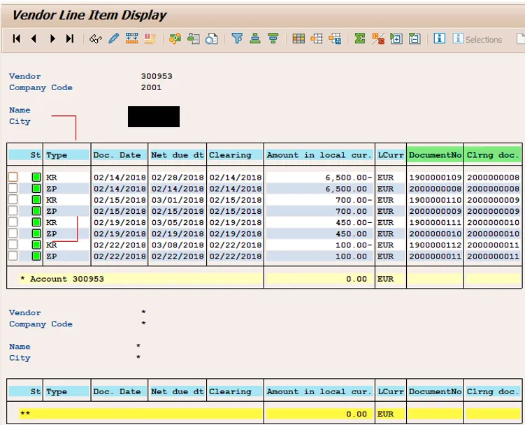Belegdetails des Kreditorenkontos in SAP FK10N