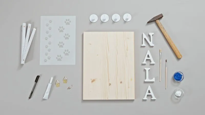 Benötigtes Material und Werkzeug für den Bau einer DIY Hundegarderobe, übersichtlich auf einem Holztisch arrangiert.