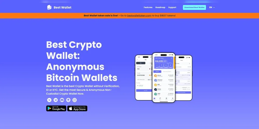 Benutzeroberfläche der Best Wallet Mobile App, die die intuitive Handhabung eines Krypto Wallets ohne Verifizierung demonstriert