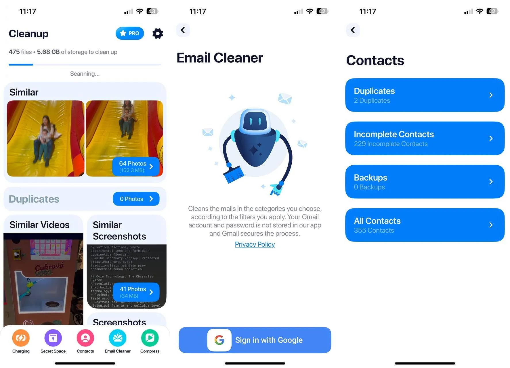 Benutzeroberfläche der Cleanup App zum Entfernen doppelter Fotos auf dem iPhone