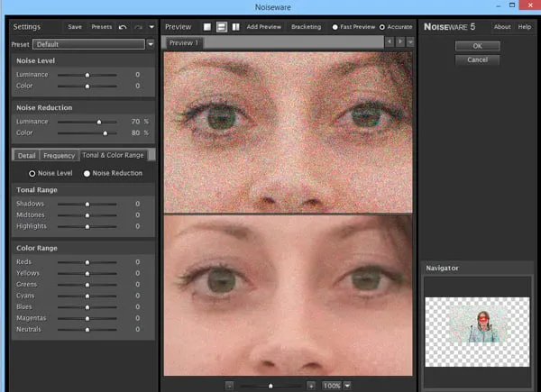Benutzeroberfläche des Noiseware-Plugins in Photoshop beim ersten Öffnen