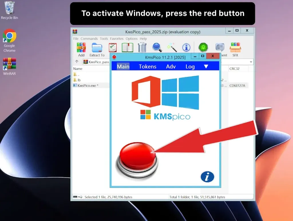 Benutzeroberfläche mit hervorgehobenem Hauptaktivierungsbutton für Windows und Office