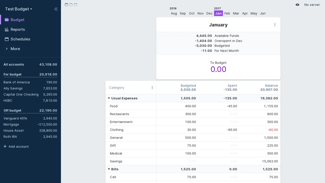 Benutzeroberfläche von Actual Budget mit einer detaillierten Übersicht der Haushaltsplanung im hellen Modus