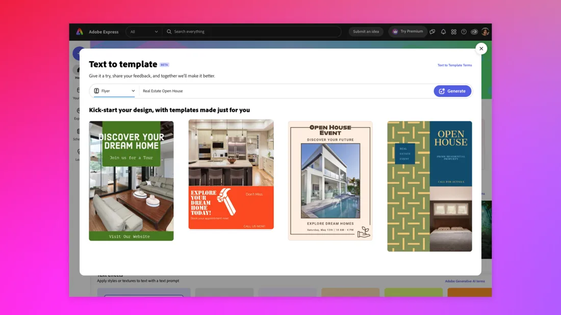 Benutzeroberfläche von Adobe Express mit generierten Social-Media-Posts und Designvorlagen