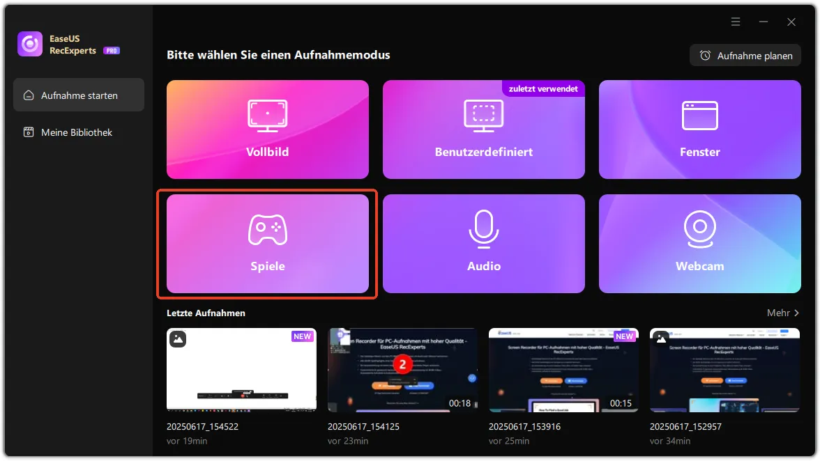 Benutzeroberfläche von EaseUS RecExperts zum Aufnehmen von Spielen
