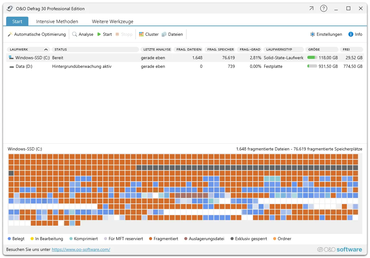 Benutzeroberfläche von O&amp;O Defrag 30 zeigt den Defragmentierungsprozess