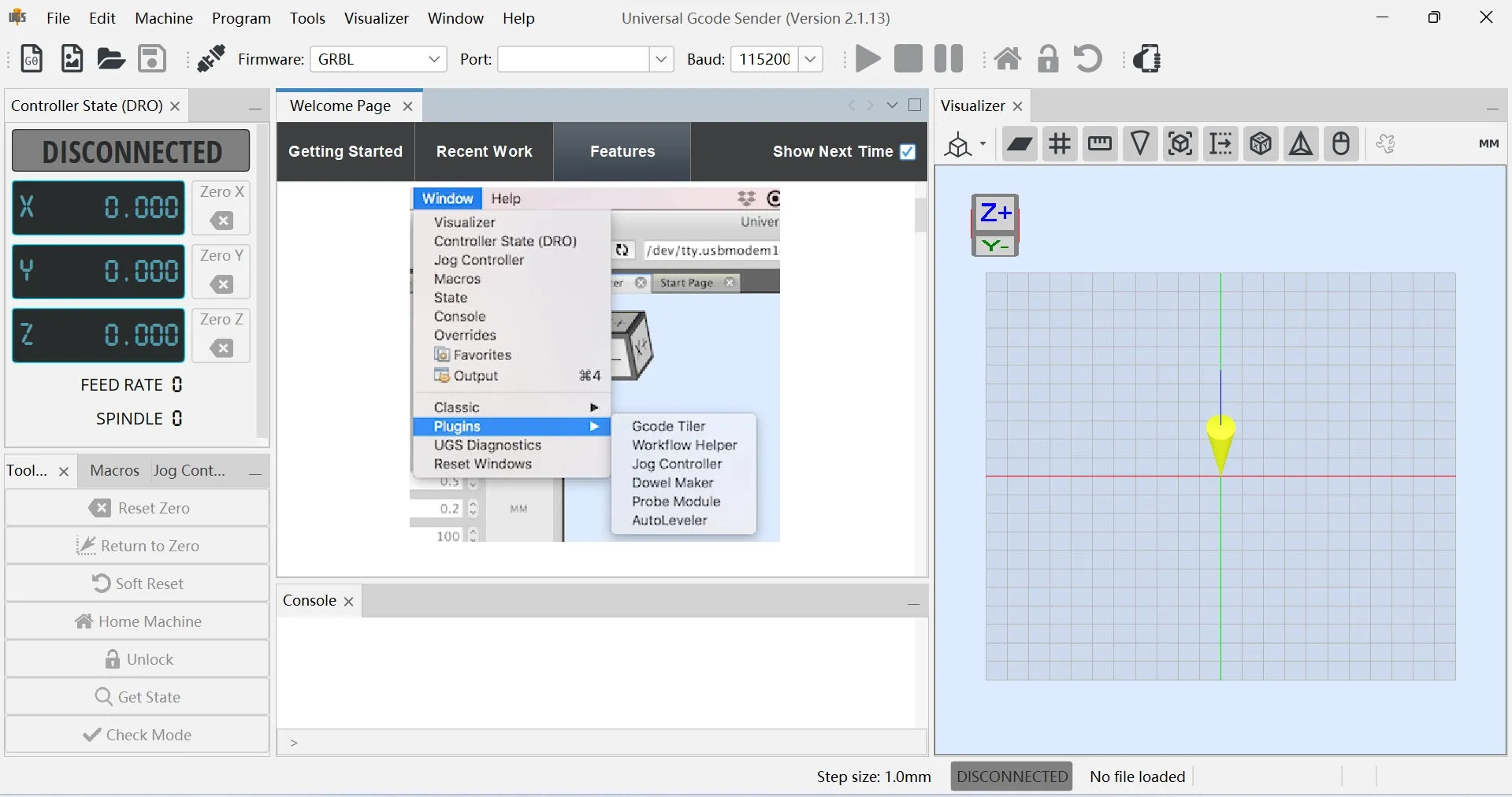 Benutzeroberfläche von Universal Gcode Sender (UGS) im getrennten Zustand mit Visualizer, Konsole und DRO-Panels, perfekt für die kostenlose GRBL Software Steuerung