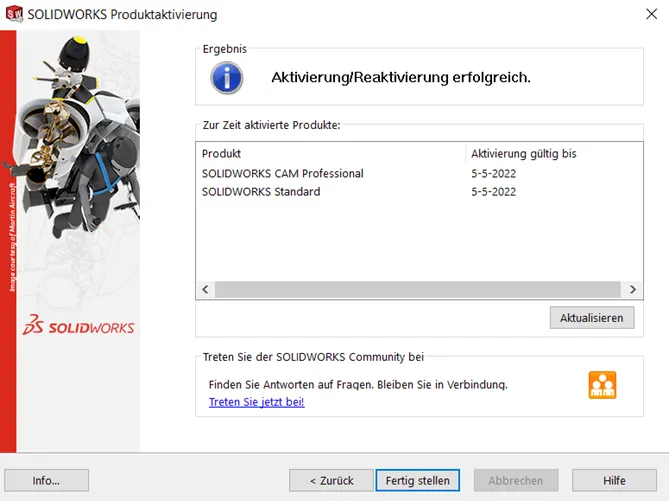 Bestätigung der erfolgreichen Aktivierung der SOLIDWORKS Privatlizenz