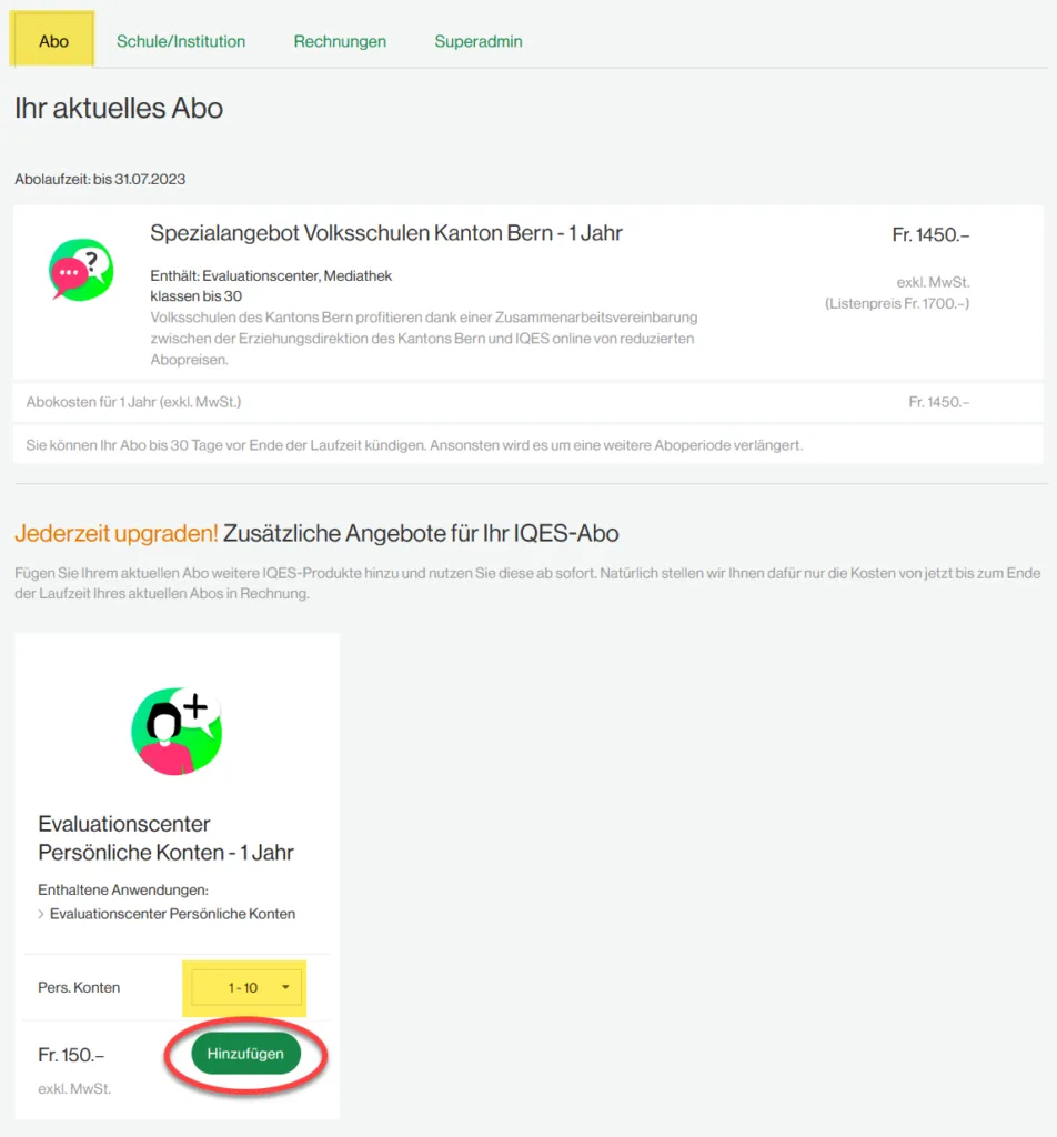 Bestellformular für Persönliche Konten im IQES Aboverwaltung, wo die Anzahl der benötigten Konten ausgewählt werden kann.