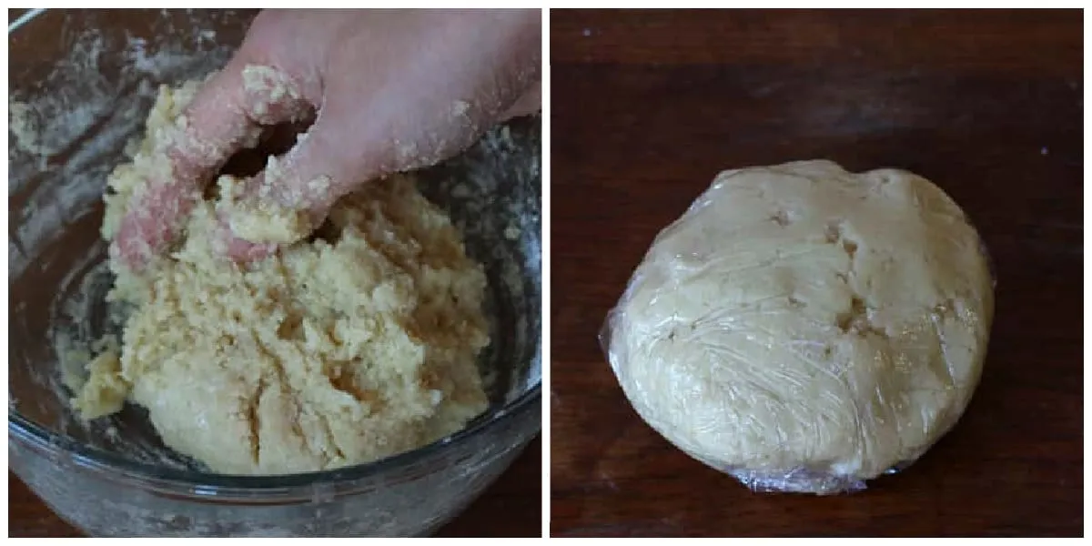 Bethmännchen-Teig in Frischhaltefolie eingewickelt vor dem Kühlen im Kühlschrank