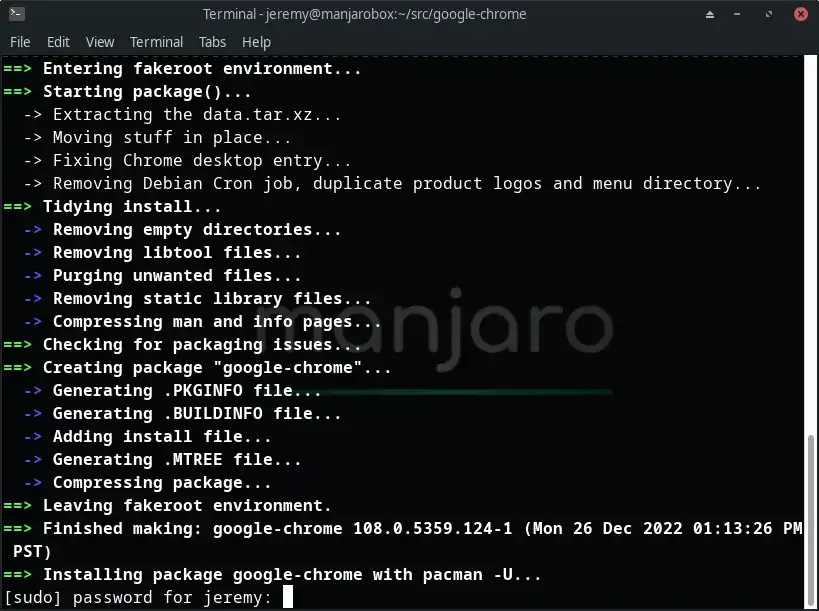 Bild, das den erfolgreichen Installationsprozess von Google Chrome unter Arch Linux zeigt
