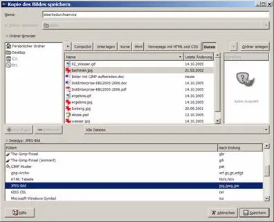 Bild speichern unter in GIMP: Auswahl des JPEG-Formats und Qualitätsregler