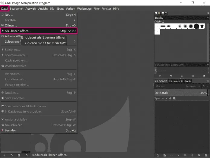 Bild über "Datei" -> "Als Ebene öffnen" in GIMP importieren