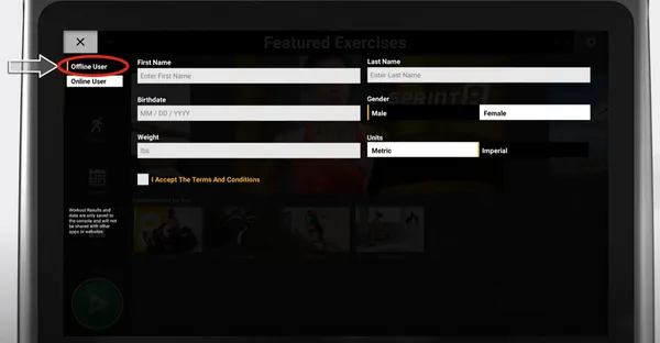 Bildschirm einer Matrix Laufband-Konsole mit "Letzten Trainingseinheiten" und App-Icons, zeigt eine Offline-Benutzeransicht.