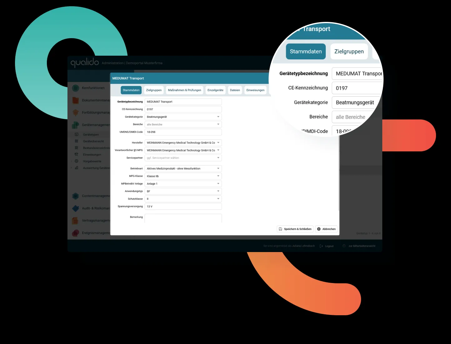 Bildschirmansicht der Funktion zur Klassifizierung von Gerätetypen in der Medizinprodukte Verwaltungssoftware