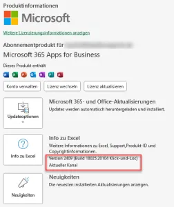 Bildschirmfoto der Excel-Kontoansicht, die Excel-Version und den Updatekanal anzeigt, relevant für neue Excel Funktionen und Updates.