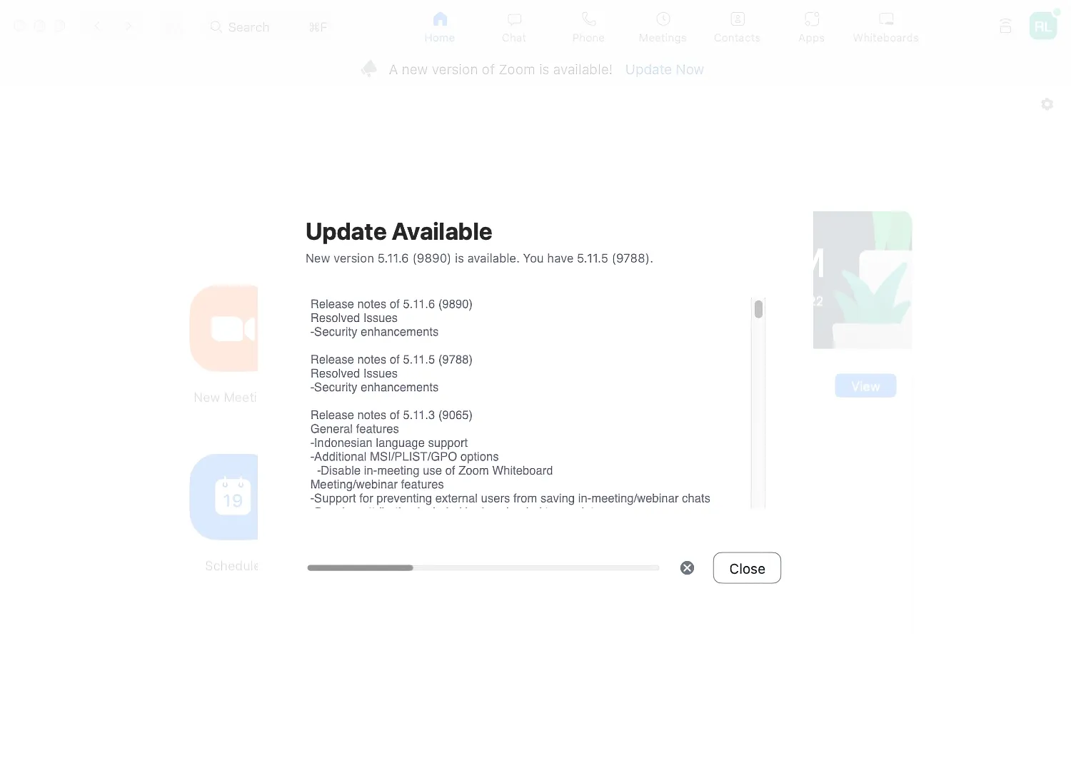 Bildschirmfoto: Zoom-Update-Fenster zeigt Version 5.11.6 und Installations-Button