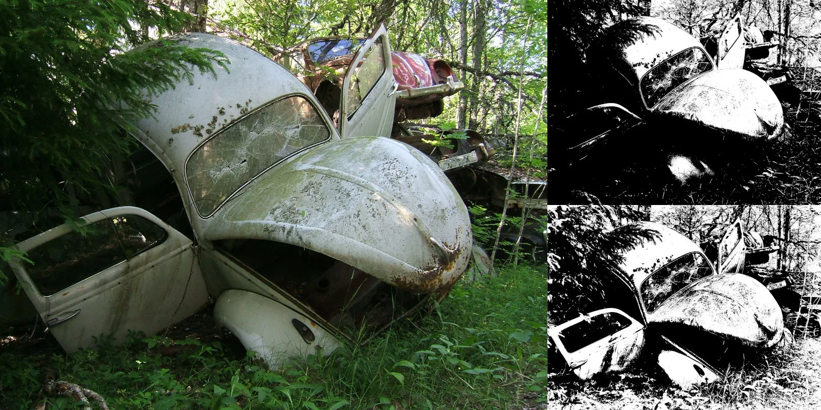 Bildvergleich in GIMP 2.99.16: Original, Ergebnis mit aktuellem Schwellenwertfilter, Ergebnis mit neuem "gegl:local-threshold".