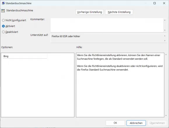 Bing als Standardsuchmaschine für Firefox per GPO konfigurieren