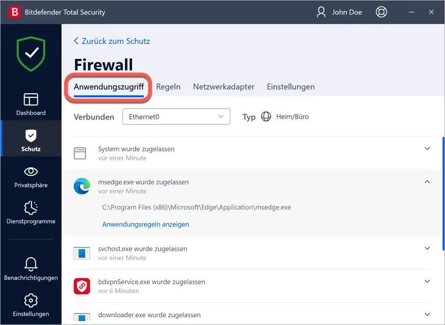 Bitdefender-Firewall Anwendungszugriff