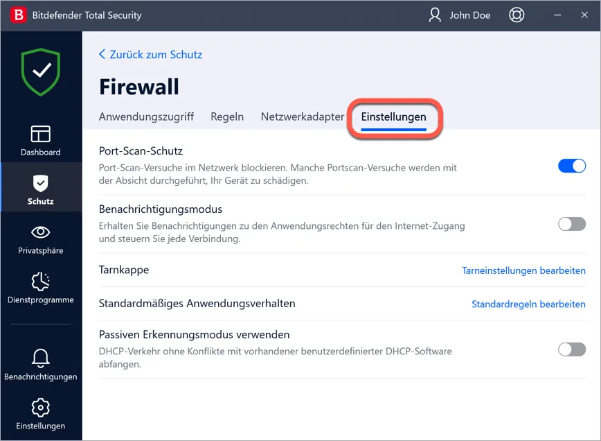 Bitdefender-Firewall Einstellungen