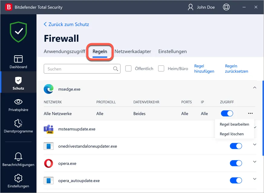 Bitdefender-Firewall Regeln