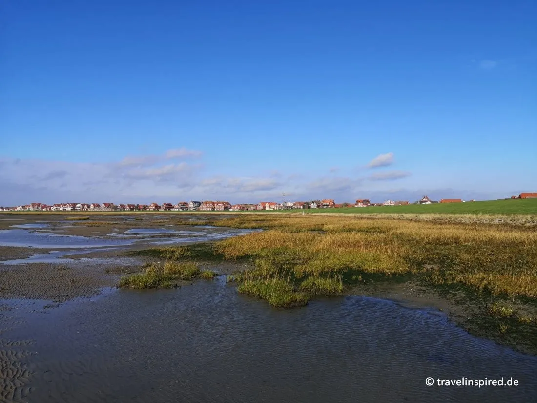 Blick auf den Strand von Juist bei Ebbe mit Wattwanderern