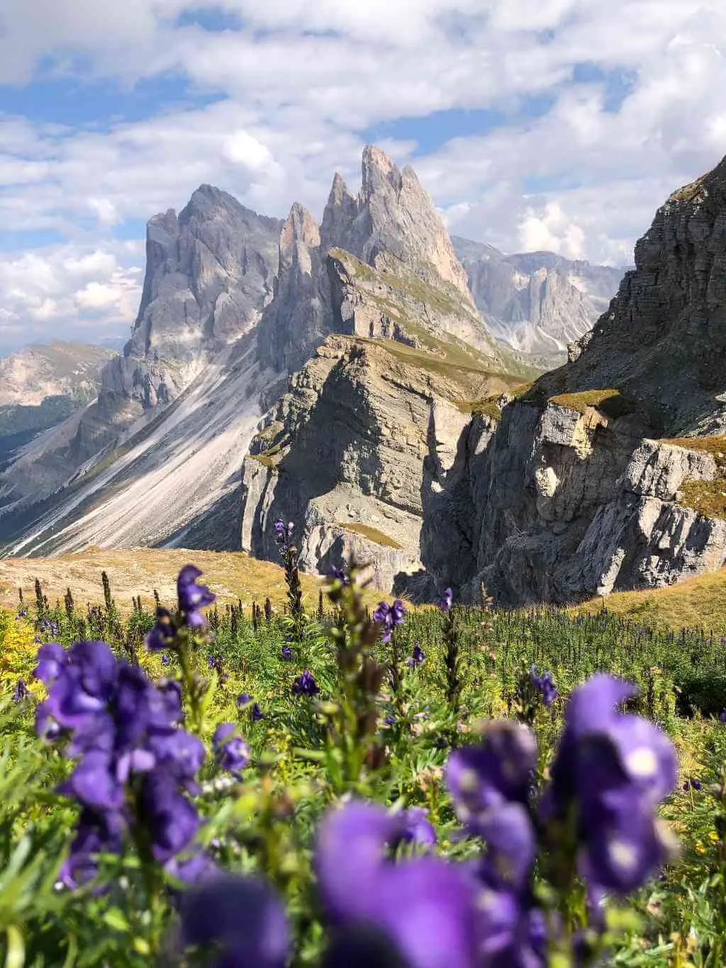 Blick auf die Geislerspitzen von der Seceda in Südtirol. Die markanten Gipfel ragen in den Himmel und bieten ein unvergessliches Panorama.