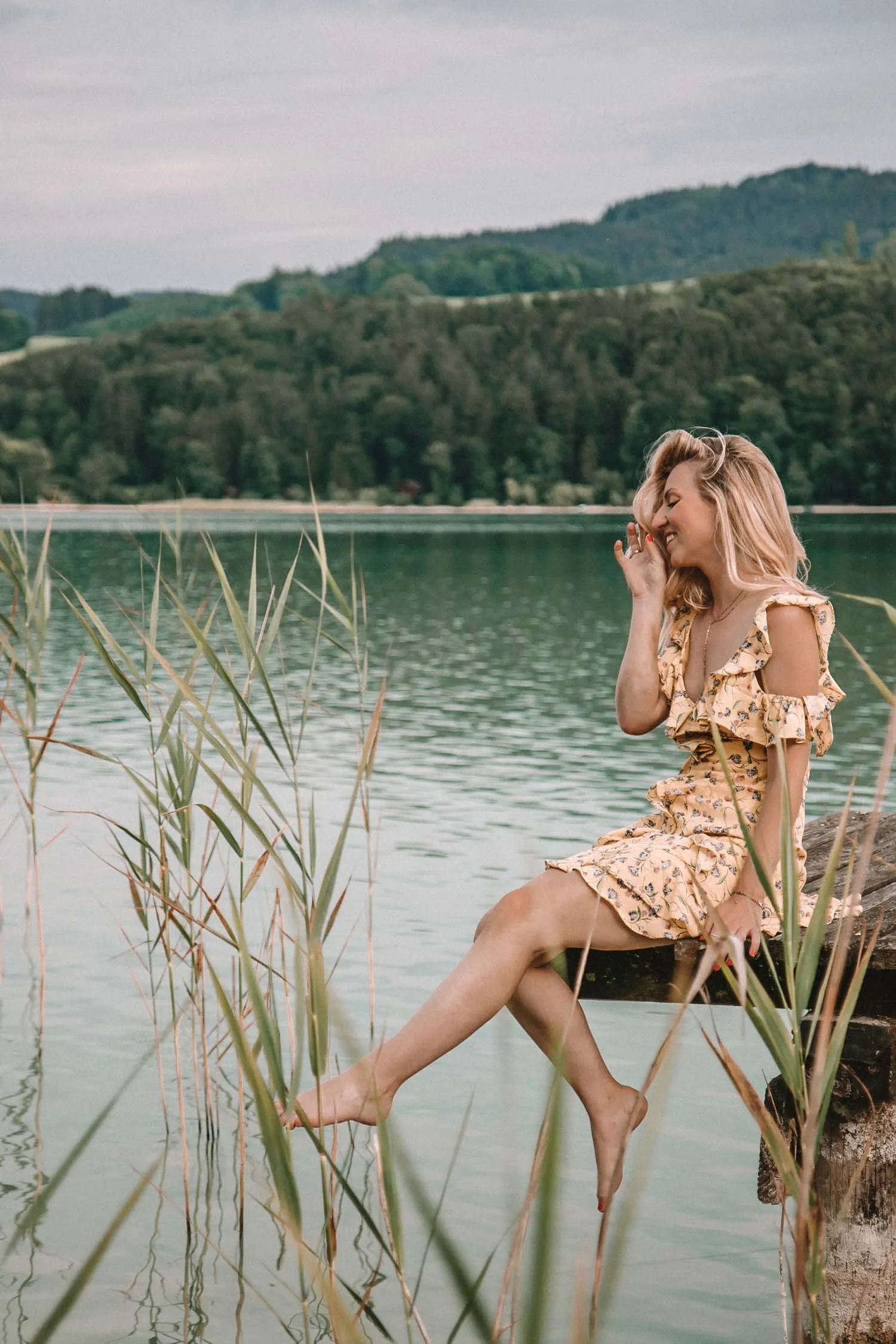 Blick auf eine grüne Wiese mit Bäumen und blauen Himmel