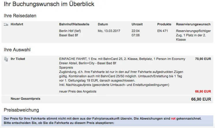Buchungsbestätigung Berlin Hbf - Basel Bad Bf