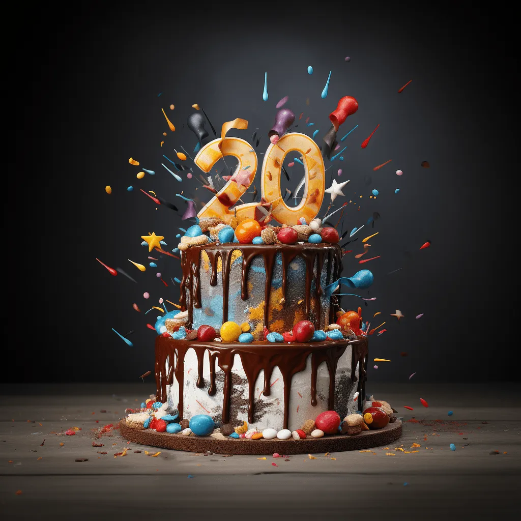 Bunte, festliche Dekorationen für einen fröhlichen Geburtstagskuchen zum 20. Geburtstag