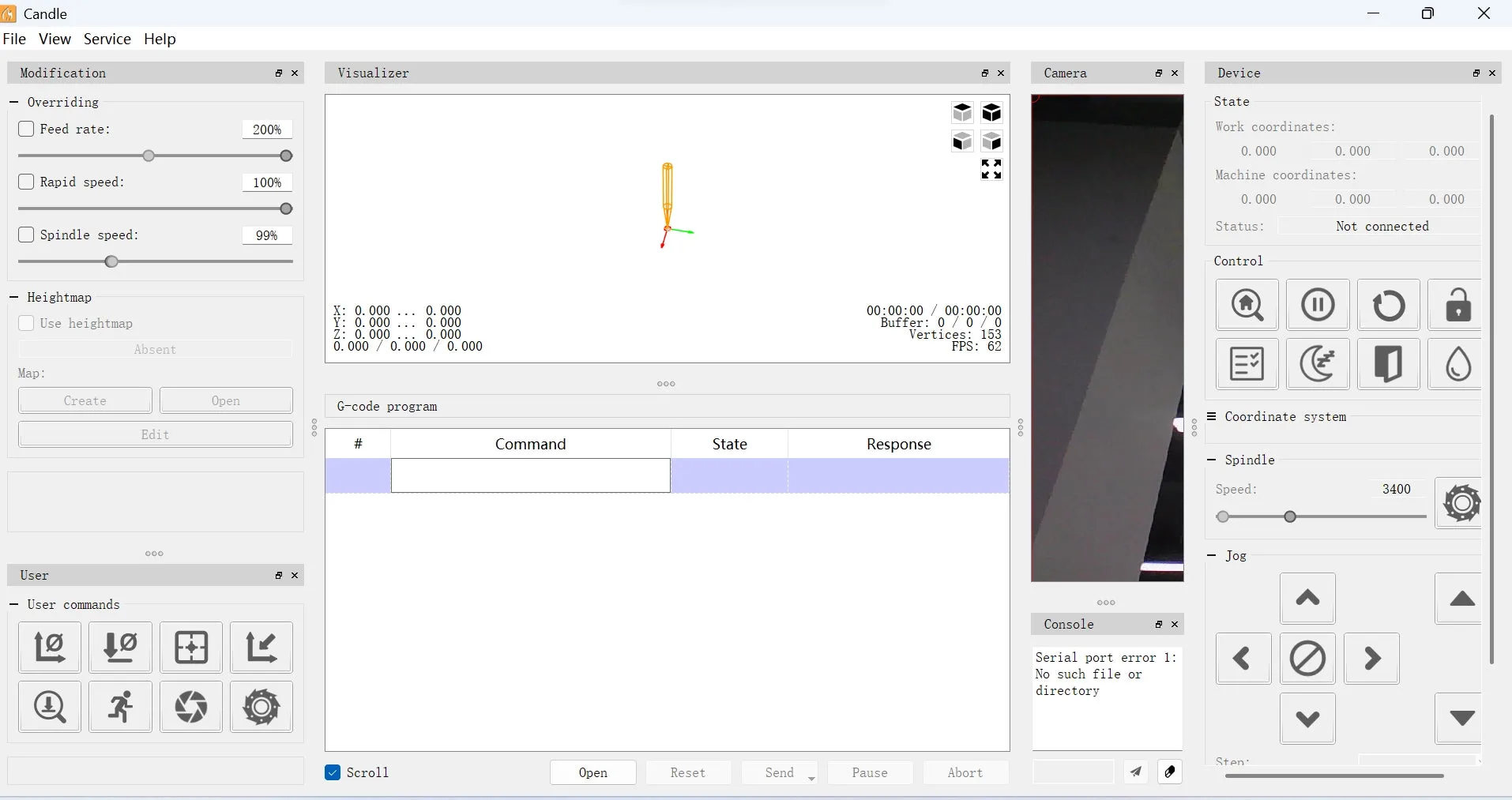 Candle GRBL Software-Oberfläche im getrennten Zustand mit Jog-Steuerung, eine ausgezeichnete Option für kostenlose GRBL Software
