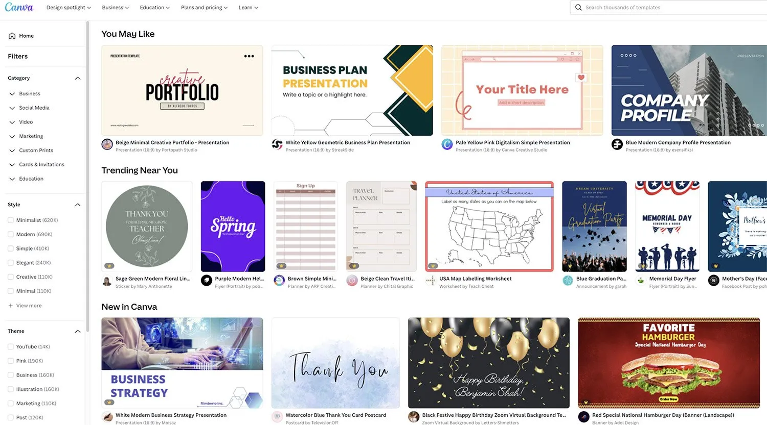 Canva Benutzeroberfläche als kostenloses Online-Grafikprogramm