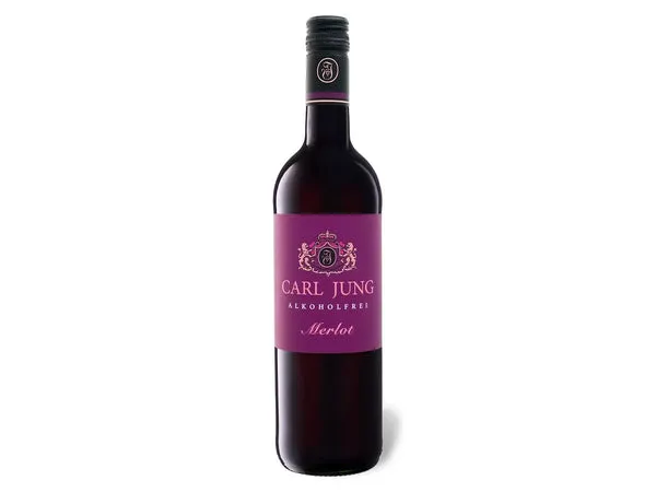 Carl Jung Rotwein Merlot Alkoholfrei, etikettiert mit den Angaben zum Hersteller und dem Hinweis "alkoholfrei".
